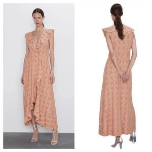Zara Peach Brocade Ruffle Wrap Maxi Dress